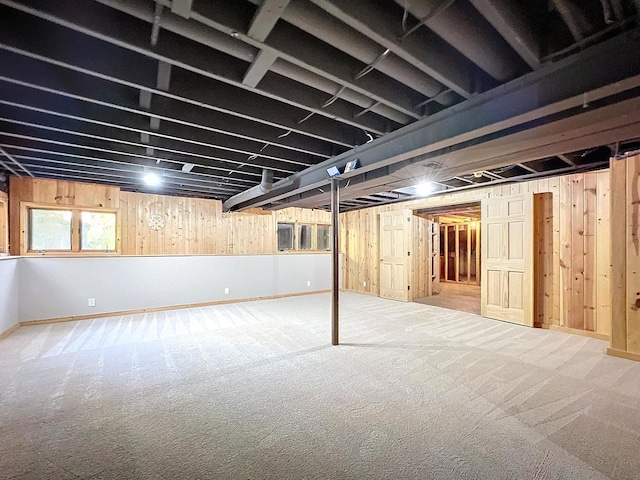 basement featuring wood walls and carpet floors