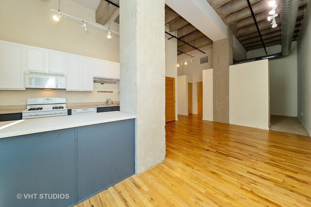 1645 W Ogden Ave Unit 434, Chicago, IL 60612 - kitchen with white appliances, track lighting, a high ceiling, a sink, and light wood-style floors