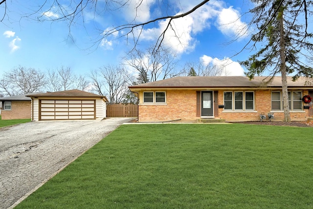 ranch-style home with brick siding, a front yard, and fence