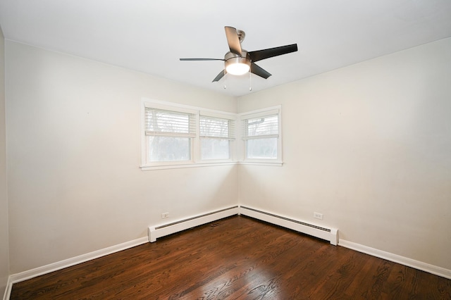 empty room featuring dark wood-style flooring, baseboards, ceiling fan, and baseboard heating