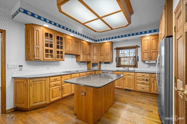 kitchen with sink, a kitchen island, stainless steel appliances, and light hardwood / wood-style floors