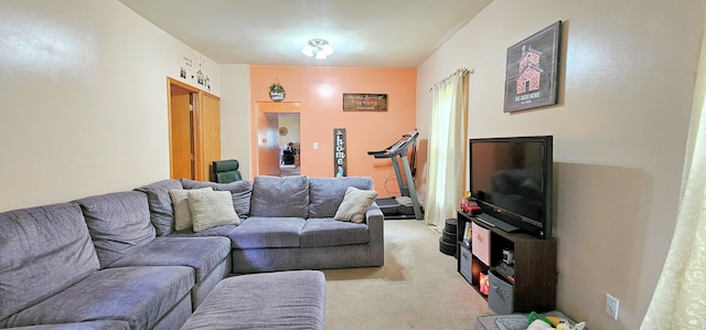 living room featuring light carpet