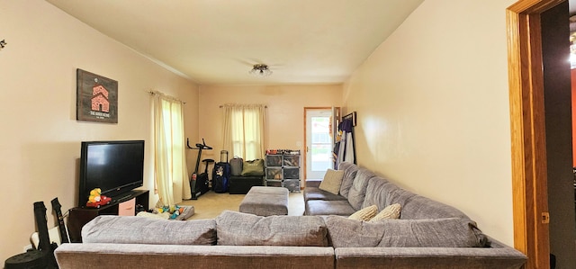 living room with light colored carpet