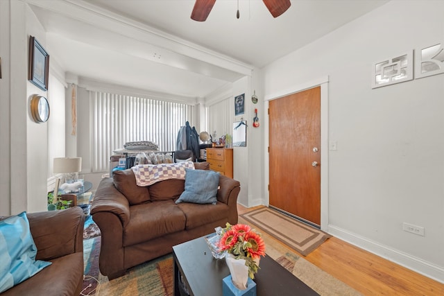 living room featuring ceiling fan and hardwood / wood-style flooring