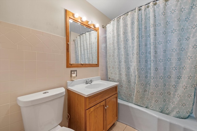 full bathroom featuring tile walls, vanity, shower / bath combo, tile patterned flooring, and toilet