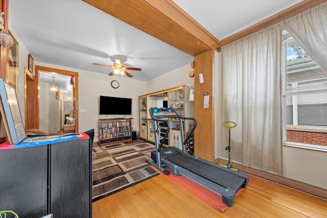 workout room with ceiling fan and hardwood / wood-style flooring