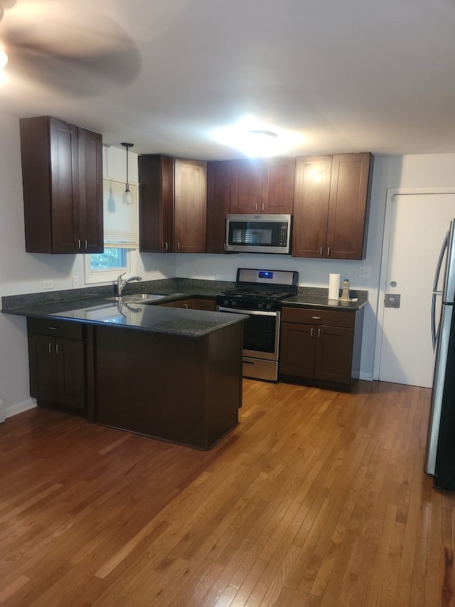 kitchen featuring dark brown cabinetry, stainless steel appliances, light wood-type flooring, and pendant lighting