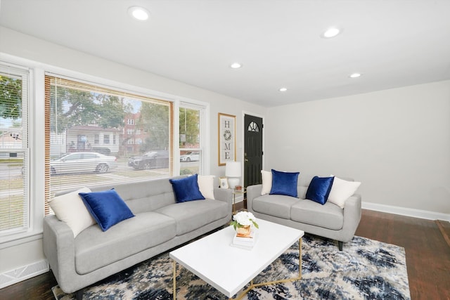 living room featuring dark hardwood / wood-style floors and a wealth of natural light