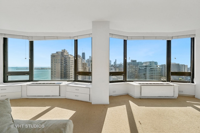 interior space with a water view, light colored carpet, and a healthy amount of sunlight