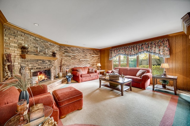 living room with light carpet, crown molding, wood walls, and a brick fireplace