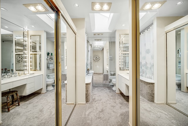 bathroom featuring vanity, toilet, and a skylight