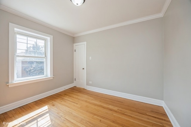 spare room with crown molding and light hardwood / wood-style flooring