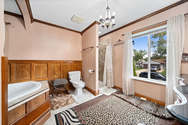 bathroom with tile patterned flooring, a chandelier, toilet, crown molding, and curtained shower