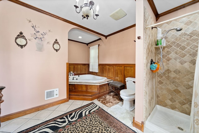 bathroom with shower with separate bathtub, tile patterned flooring, an inviting chandelier, ornamental molding, and toilet