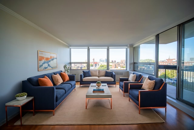 living room featuring ornamental molding, expansive windows, and hardwood / wood-style flooring