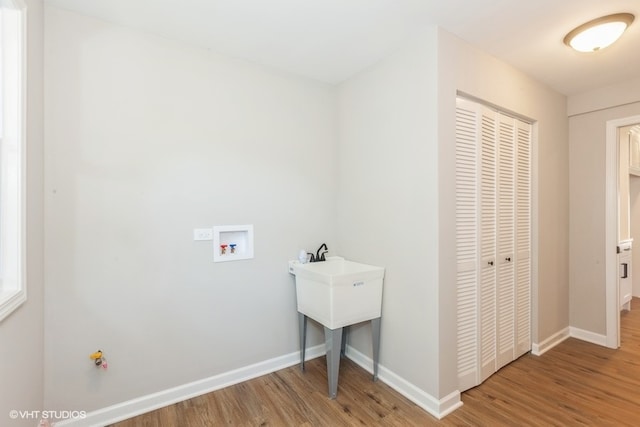 clothes washing area with hardwood / wood-style floors and washer hookup