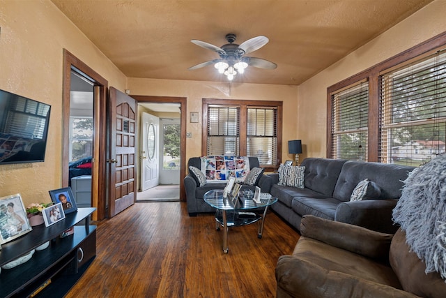 living room featuring ceiling fan, dark hardwood / wood-style floors, and a textured ceiling