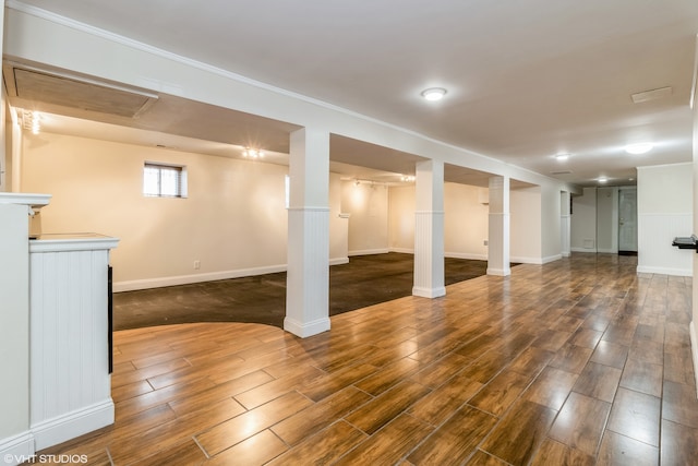 basement featuring dark wood-type flooring