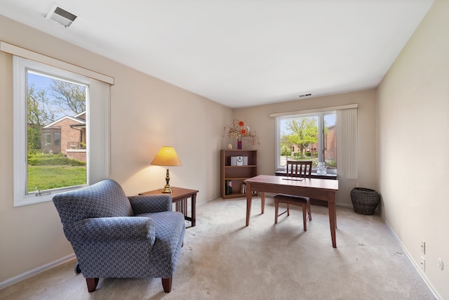 sitting room featuring light carpet