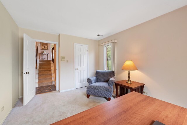 living area featuring light colored carpet