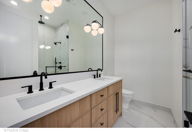 bathroom with walk in shower, vanity, and toilet