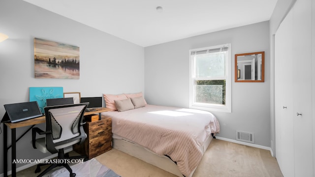 bedroom with light carpet and a closet