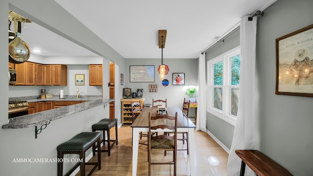 kitchen featuring light hardwood / wood-style floors, a breakfast bar, kitchen peninsula, pendant lighting, and stainless steel appliances