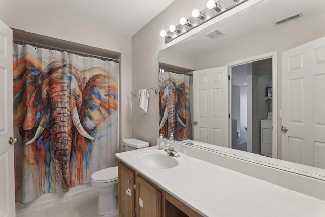 full bathroom featuring washer / dryer, visible vents, vanity, and toilet