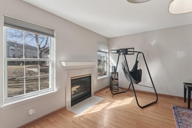 exercise area featuring a wealth of natural light, baseboards, and light wood finished floors