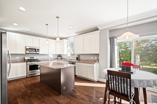 kitchen with white cabinetry, pendant lighting, stainless steel appliances, a center island, and dark hardwood / wood-style floors