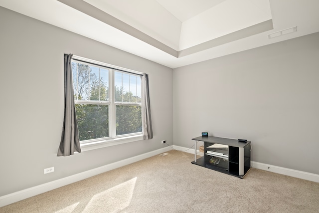 unfurnished room featuring a tray ceiling and carpet flooring