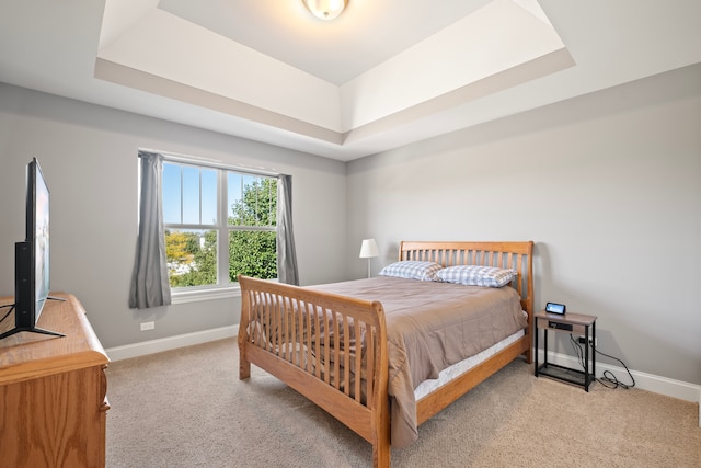 carpeted bedroom with a tray ceiling