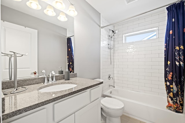 full bath with shower / bath combination with curtain, toilet, and vanity