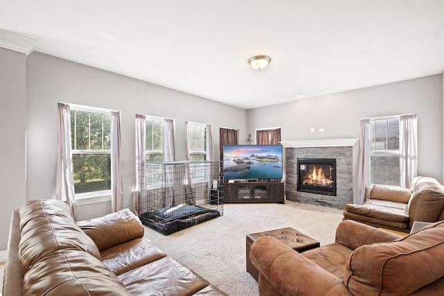 carpeted living area featuring a fireplace and a healthy amount of sunlight