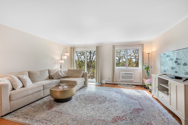 living room featuring ornamental molding, light wood-type flooring, a wall unit AC, and a baseboard radiator