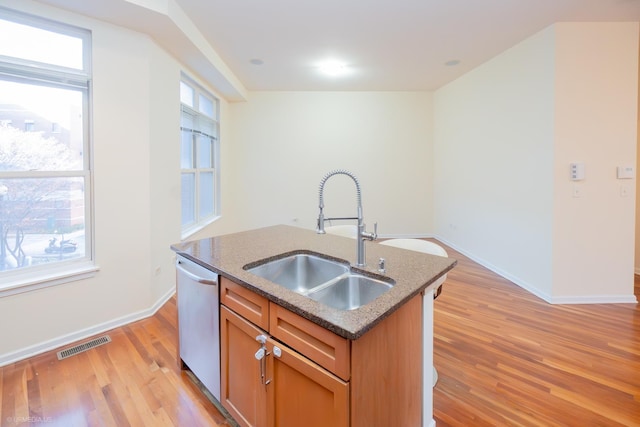 kitchen with a healthy amount of sunlight, a kitchen island with sink, sink, and stainless steel dishwasher