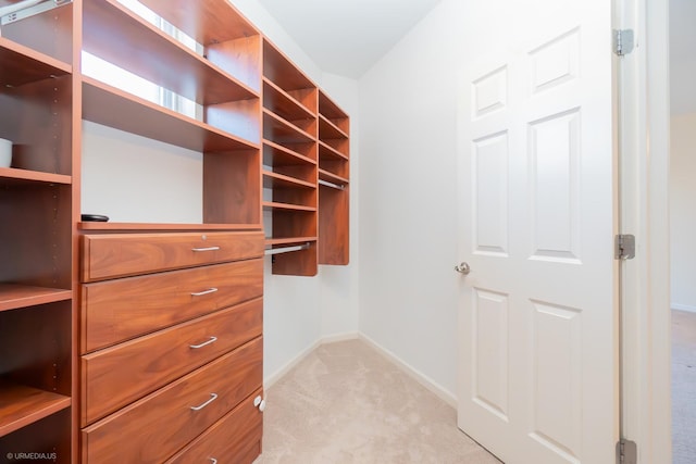 walk in closet featuring light carpet