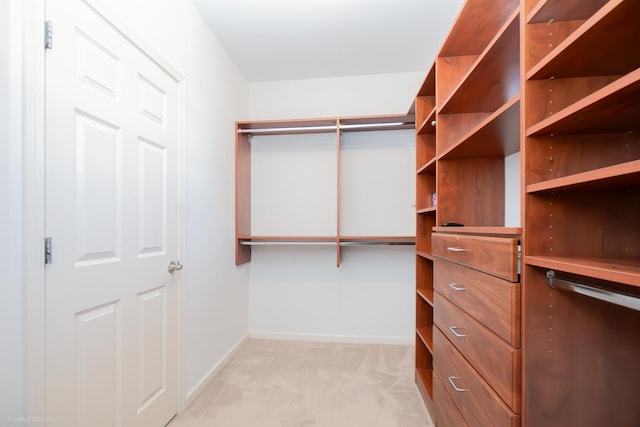 walk in closet featuring light carpet