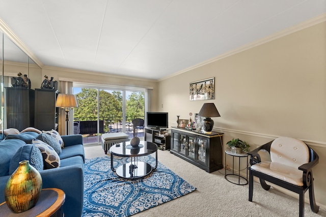 carpeted living room with ornamental molding