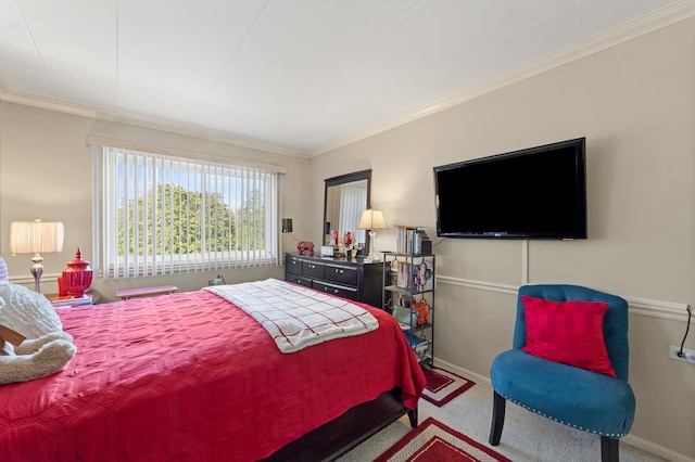 carpeted bedroom featuring ornamental molding