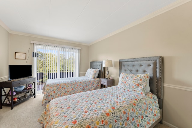 bedroom featuring access to outside, carpet flooring, and crown molding