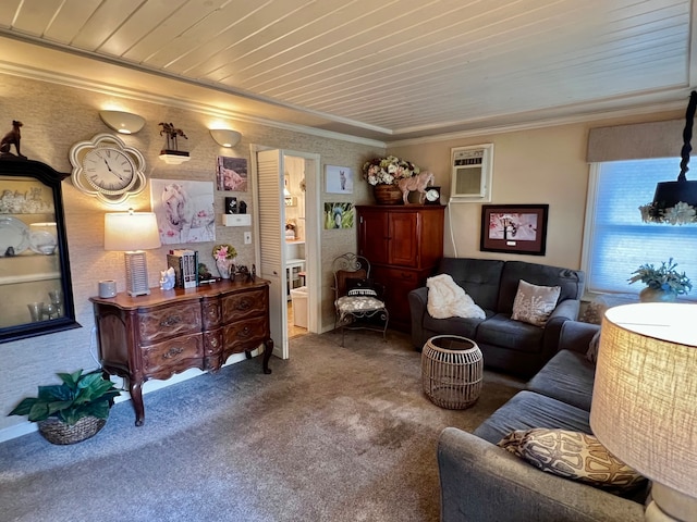 sitting room featuring carpet flooring, an AC wall unit, and ornamental molding