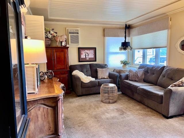 living room with ornamental molding, an AC wall unit, light carpet, and wooden ceiling