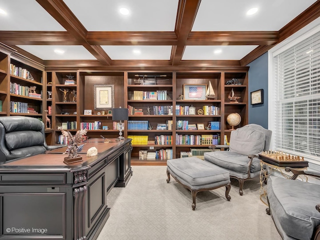 living area featuring coffered ceiling, crown molding, light colored carpet, and beamed ceiling