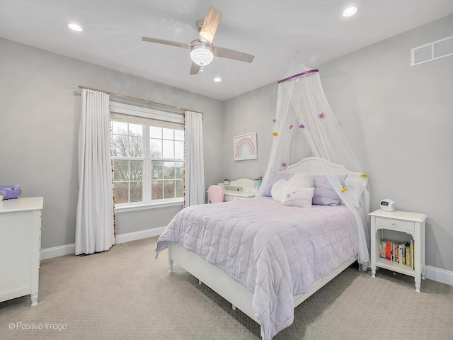 carpeted bedroom with ceiling fan