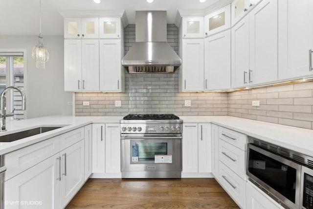 kitchen with sink, wall chimney range hood, stainless steel appliances, and tasteful backsplash