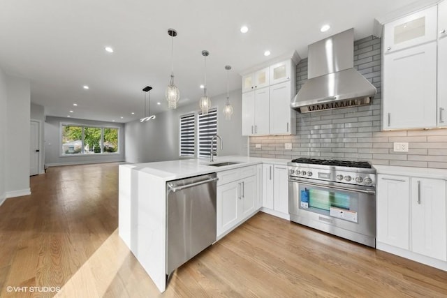 kitchen with white cabinetry, sink, stainless steel appliances, wall chimney range hood, and tasteful backsplash