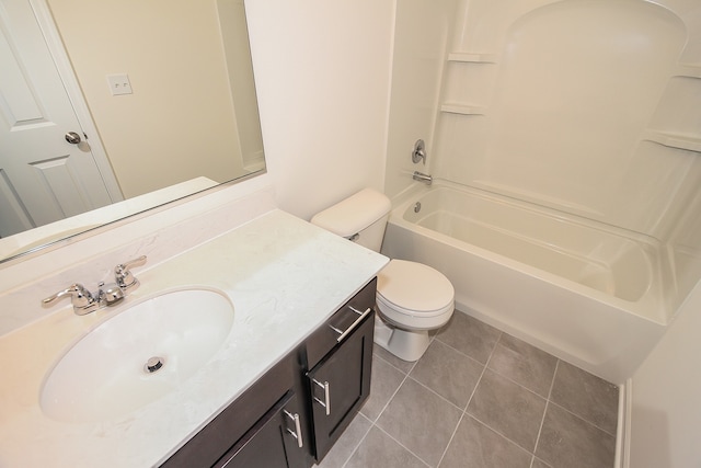 full bathroom with bathtub / shower combination, tile patterned flooring, vanity, and toilet