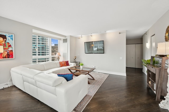 living room with dark hardwood / wood-style flooring and track lighting