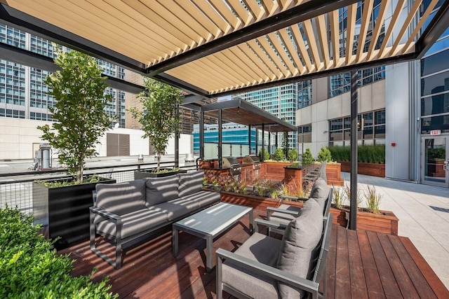 exterior space with a pergola and outdoor lounge area